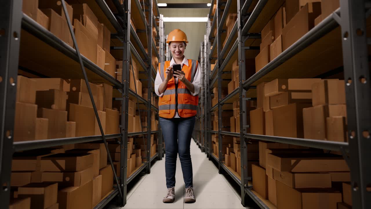 trabajador de almacén que utiliza un teléfono móvil