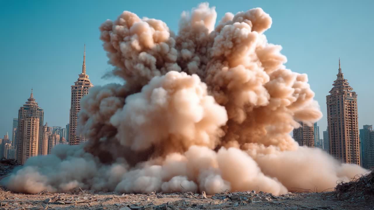 Dramatische Gebäudeexplosion: Eine gewaltige Staubwolke erhebt sich inmitten urbaner Wolkenkratzer und fängt die turbulente Energie des Abrisses in einer modernen Stadtlandschaft ein.