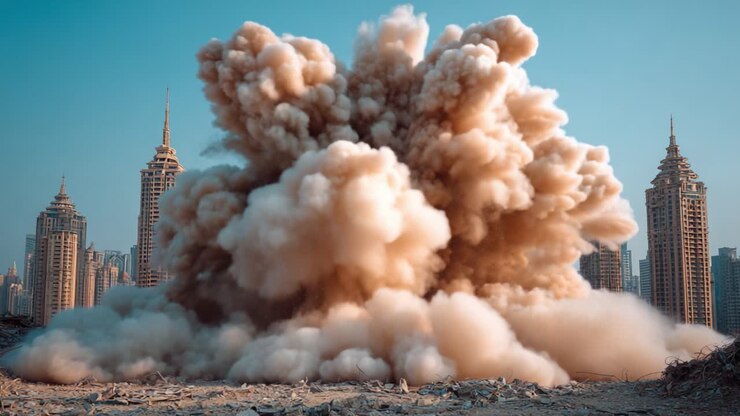 Dramatic Building Explosion: A Powerful Dust Cloud Erupts Amidst Urban Skyscrapers, Capturing the Turbulent Energy of Demolition in a Contemporary City Landscape