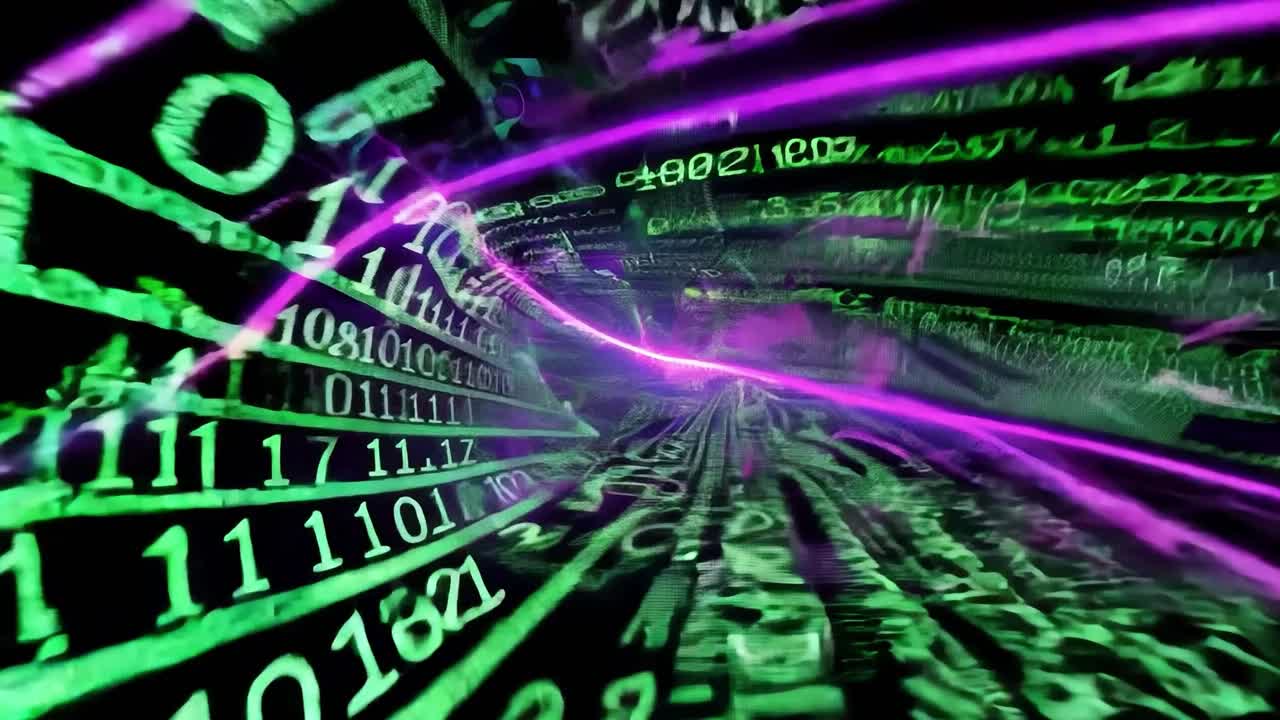 agujero de gusano de código binario y formas de información en el ciberespacio, creando una experiencia visual dinámica y abstracta