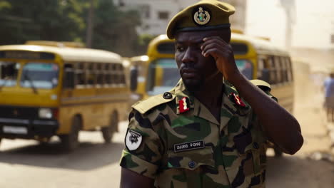 military personnel on duty in an urban setting