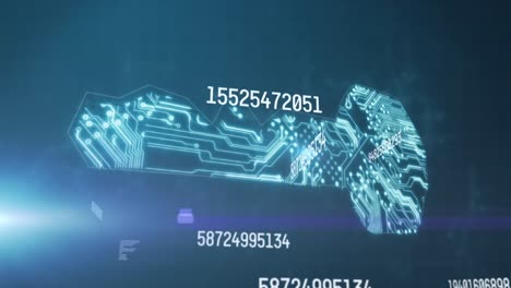 animation of numbers processing over glowing computer circuit board on blue background