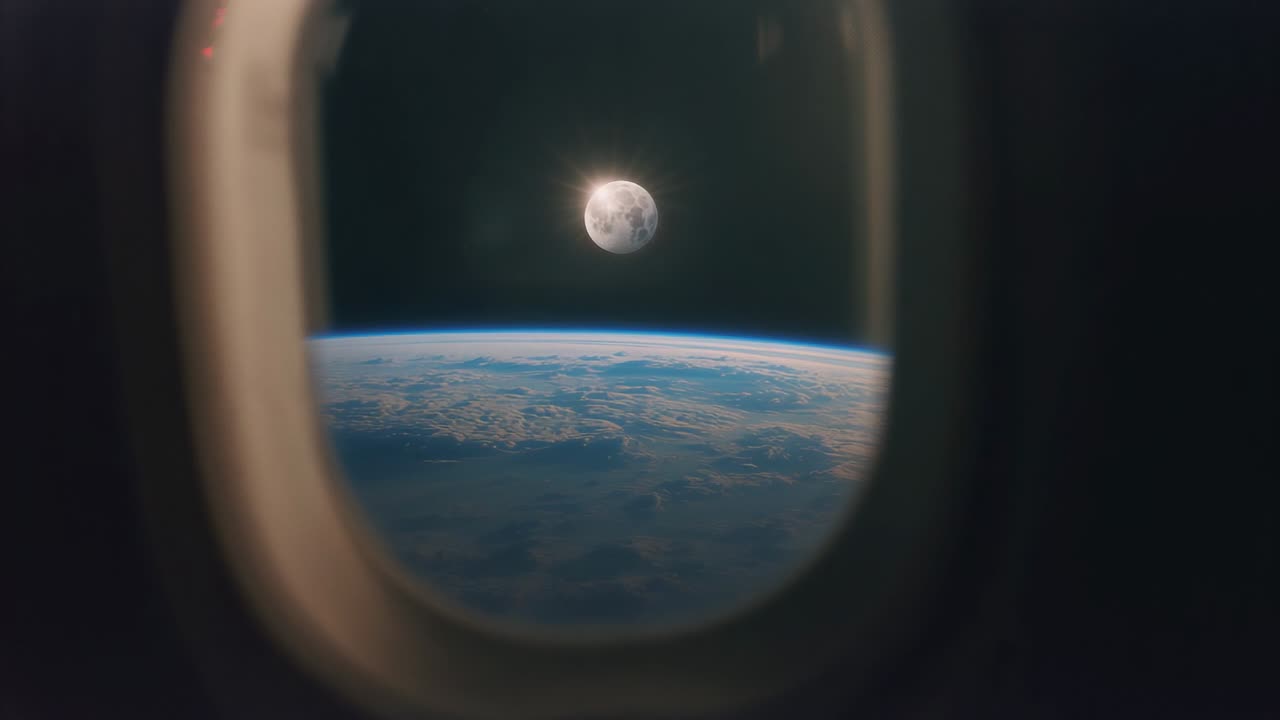 Capturing Moon drifting into center behind porthole window showing curved Earth horizon