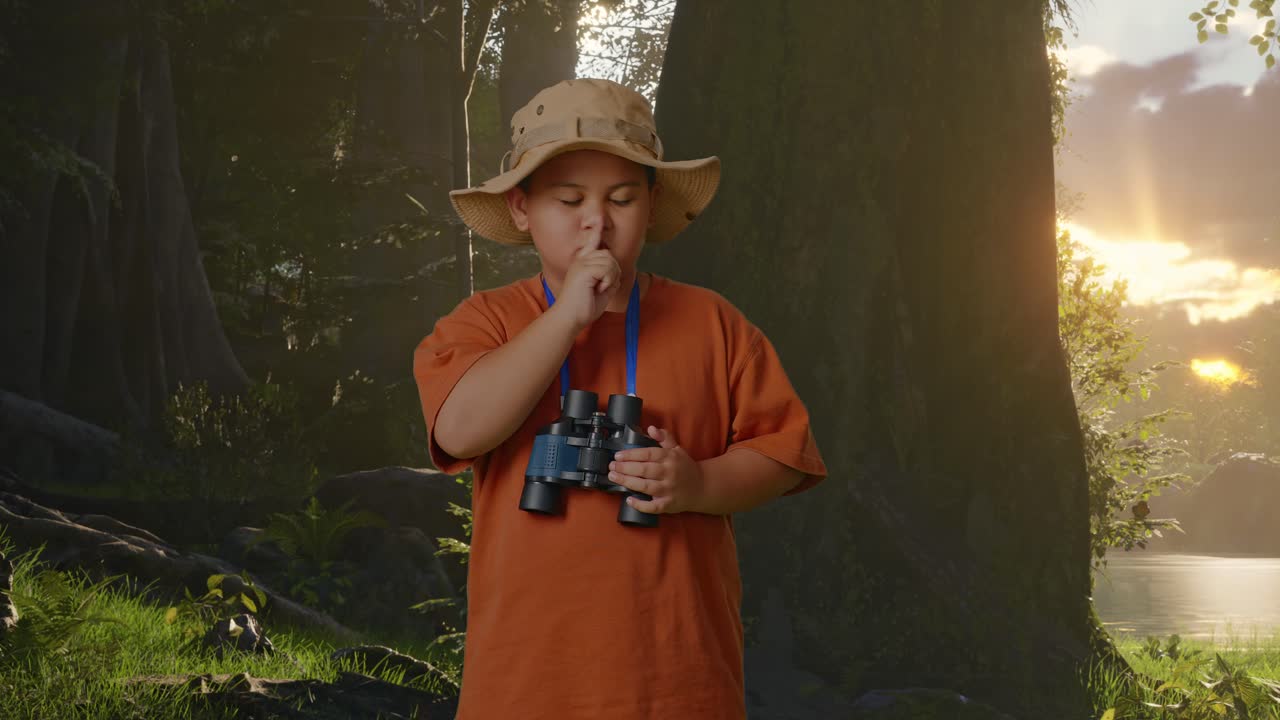 모자와 안경을 쓴 아시안 소년은 숲의 자연을 탐험하면서 카메라를 바라보고 <shh> 제스처를 합니다. 소년 연구자는 여행, 관광, 모험 개념의 무언가를 조사합니다.