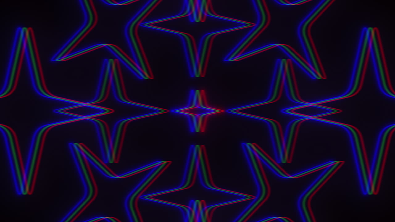 Un modello simmetrico con stelle blu neon e rosse, con stelle blu a delineare l'immagine e stelle rosse al centro, creando un design esteticamente gradevole