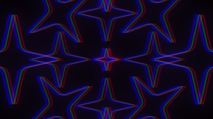 Un modello simmetrico con stelle blu neon e rosse, con stelle blu a delineare l'immagine e stelle rosse al centro, creando un design esteticamente gradevole