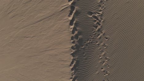 Top-down-aerial-of-sand-dune-crest-with-footprints-in-rippled-sand