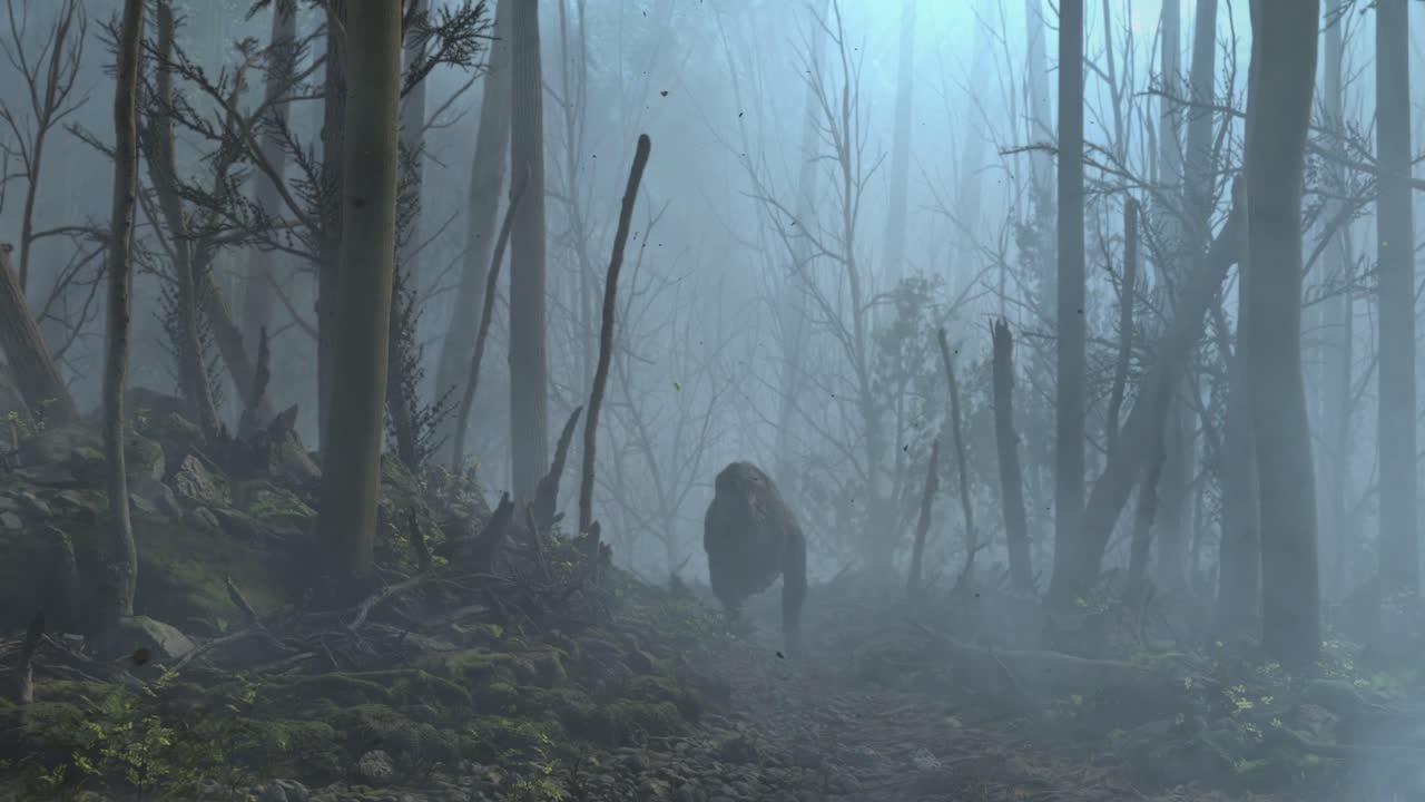Skræmmende dinosaursilhuet nærmer sig i uhyggelige tågede skove, efterårssæson.