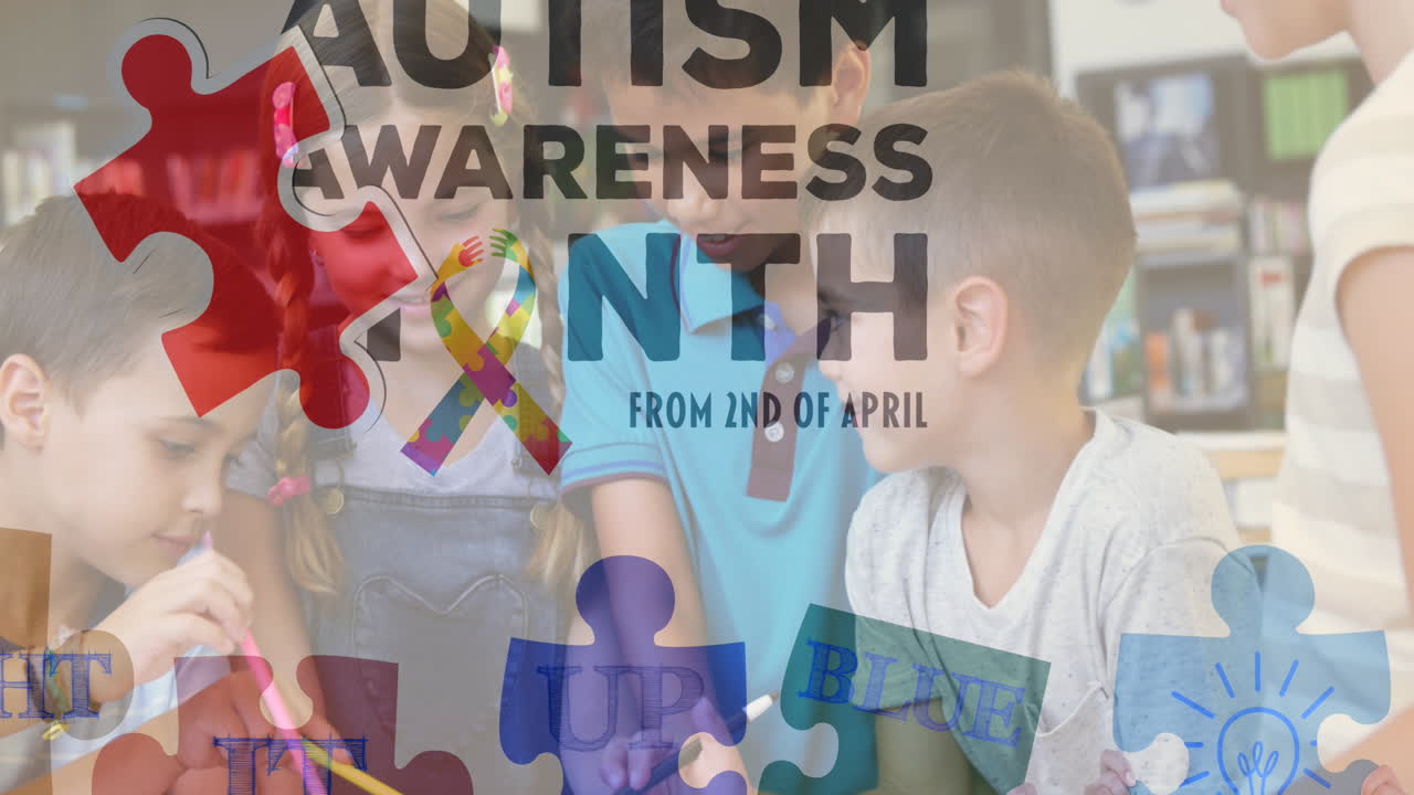Animation of colourful puzzle pieces and autism text over kids friends