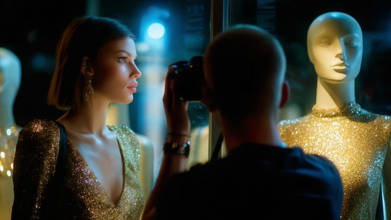 A Stylish Encounter: Capturing the Essence of Elegance and Fashion in a Nighttime Setting as a Model Gazes Intently at a Glimmering Mannequin in a Chic Boutique Window Display