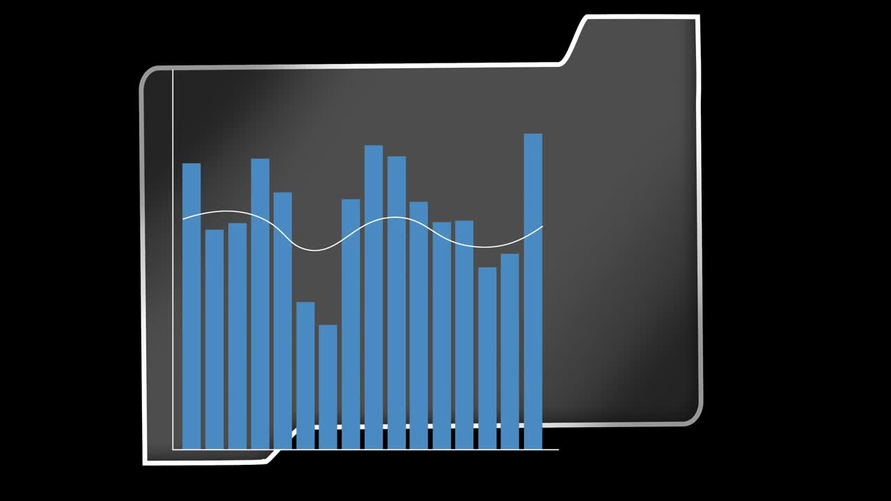 Animation of financial graphs and folder on black background