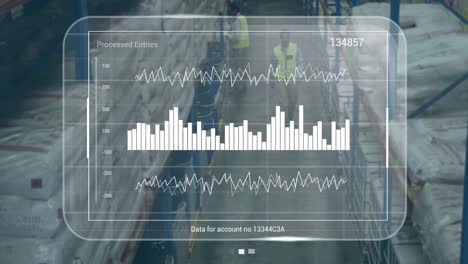 Animation-Der-Datenverarbeitung-Auf-Dem-Bildschirm-über-Verschiedene-Personen,-Die-Im-Lager-Arbeiten