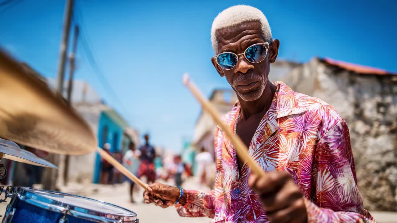 Elderly Drummer Showcasing Passionate Performance in Vibrant Street Setting, Capturing the Joyous Essence of Music Through Skillful Rhythm and Stunning Visuals Under Bright Sunlight