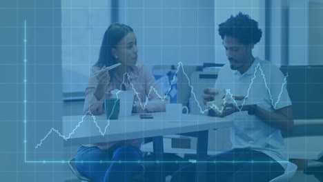 financial data graph animation over colleagues eating lunch in office cafeteria