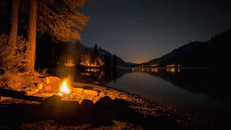Una notte tranquilla al lago: Vedute incantevoli di un falò ardente che tremola contro un cielo stellato, circondato da montagne serene e acque calme