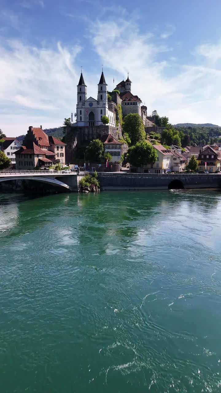 Aarburg Castle and the surrounding town of Aarburg Switzerland on the Aare River, aerial drone