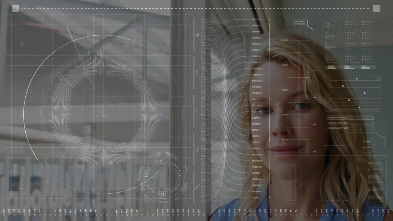 Woman at window reacting to HUD radar and bars animating, relaxing, shifting gaze, smiling for tech
