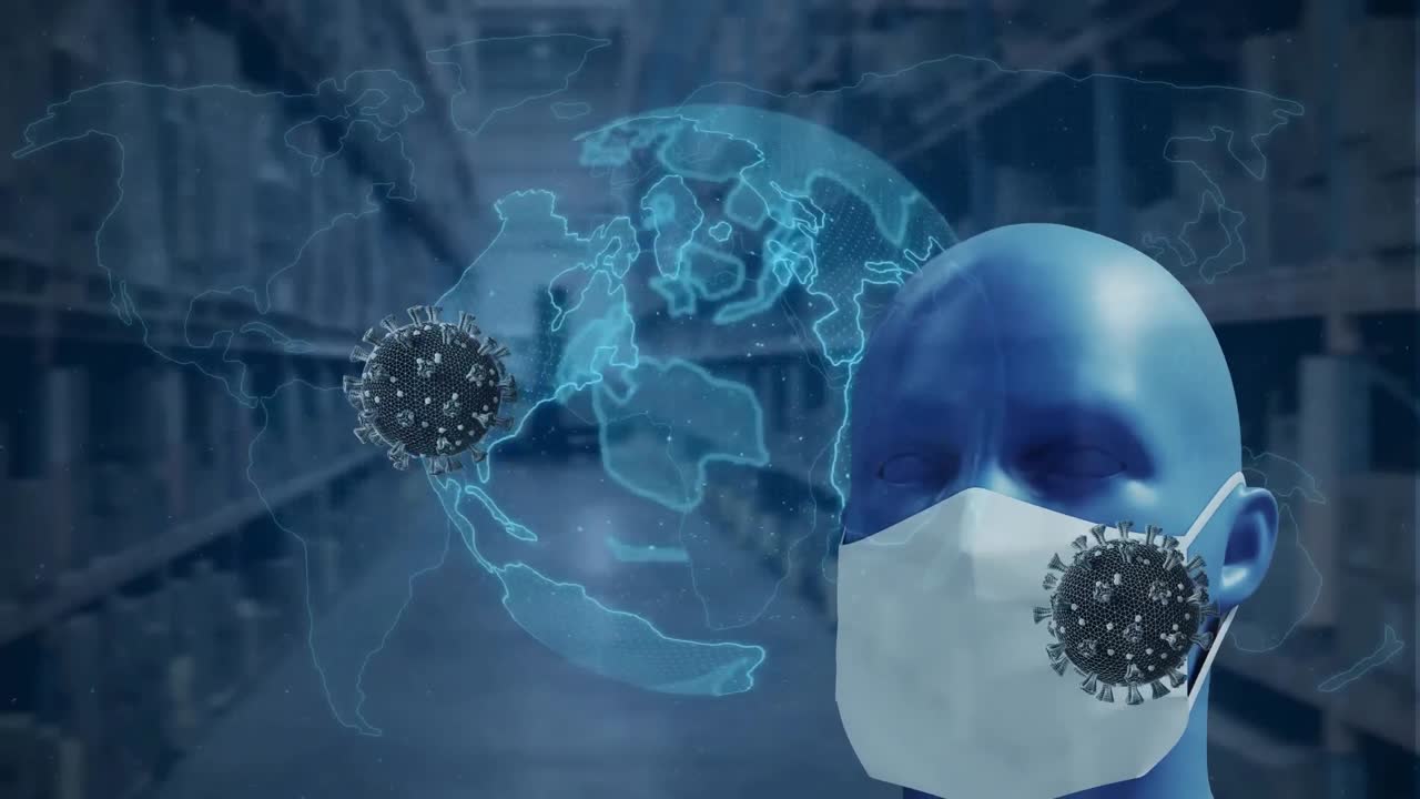 animación del globo sobre modelo humano con máscara facial.