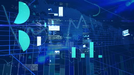 Animación-Del-Procesamiento-De-Datos-Estadísticos-Y-Bursátiles-Sobre-El-Mapa-Mundial-Sobre-Fondo-Azul