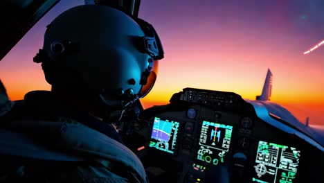 pilot in cockpit at sunrise/sunset