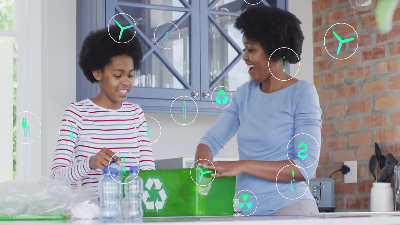 Recycling symbols animation over two women sorting plastic bottles in kitchen