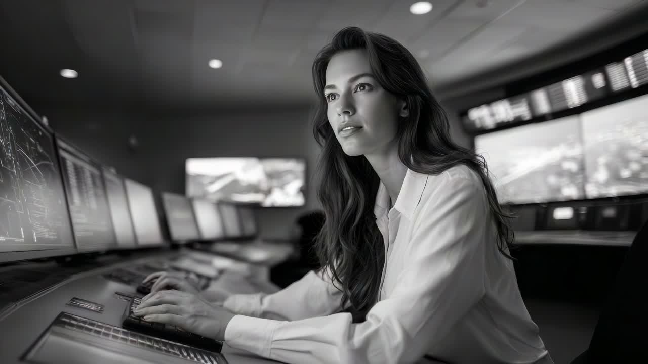 Focused Operator Analyzing Data in High-Tech Control Room with Multiple Screens Displaying Information and Graphs, Capturing the Essence of Modern Technology and Precision