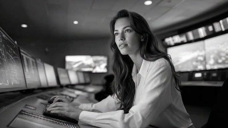 Operatore concentrato che analizza i dati in una sala di controllo high-tech con diversi schermi che mostrano informazioni e grafici, catturando l'essenza della tecnologia moderna e della precisione