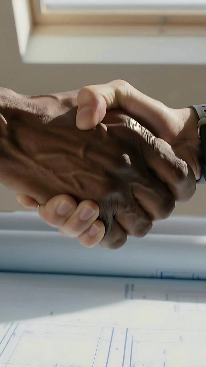 Vertical video: Shaking two colleagues holding grip after reviewing plans in meeting room