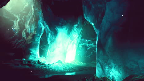 majestic glowing cave entrance illuminated by bright turquoise light