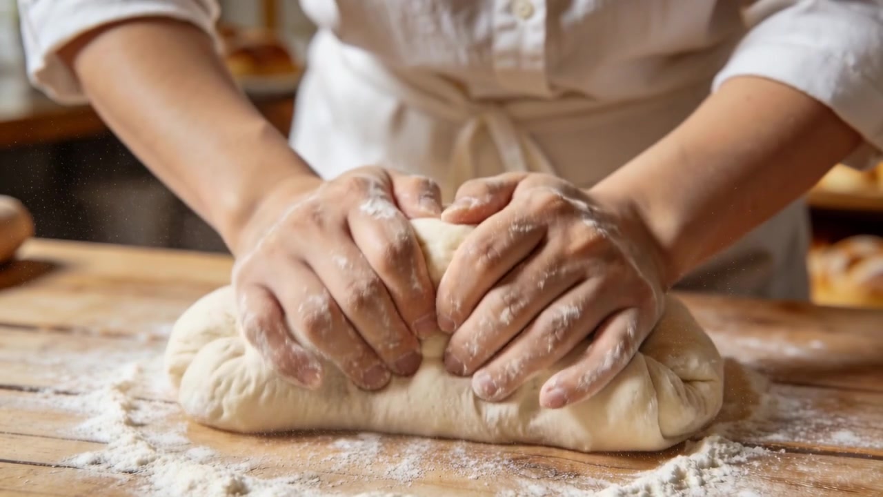 Pressing baker in chef coat and apron after rest, folding floured dough on worktable, shaping loaf