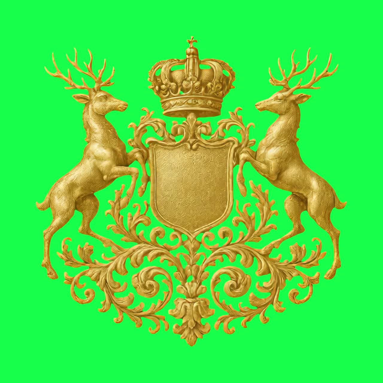 Golden heraldic emblem with deer animation, transparent 4K video, green screen