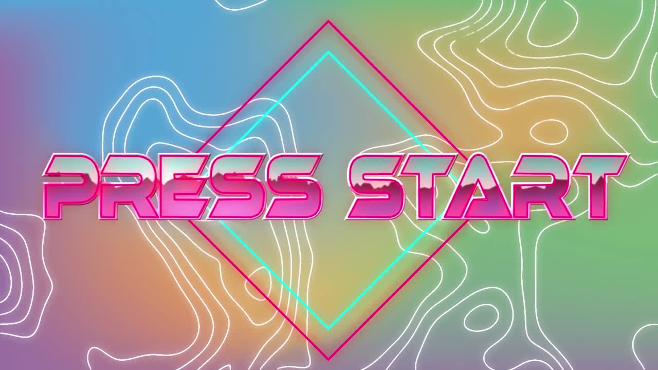 animación del texto de inicio de la prensa sobre el fondo de patrón de neón