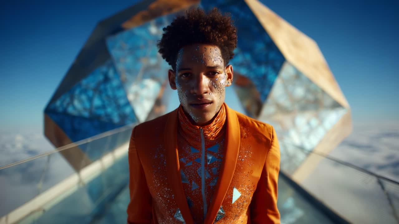 A mesmerizing figure adorned in an ornate orange suit stands confidently before a striking geometric structure against an ethereal sky, embodying creativity and contemporary elegance