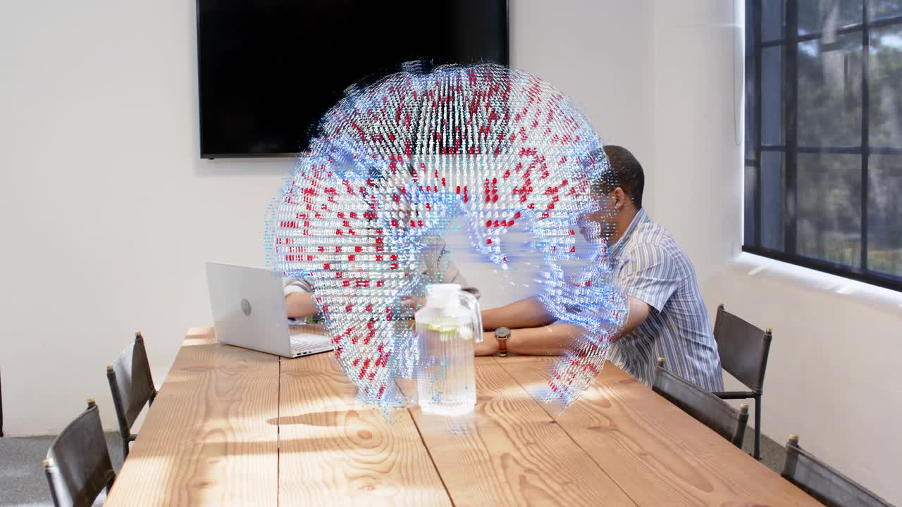 Colleagues discussing, AR globe appearing, obscuring pair, forming ring, highlighting business data