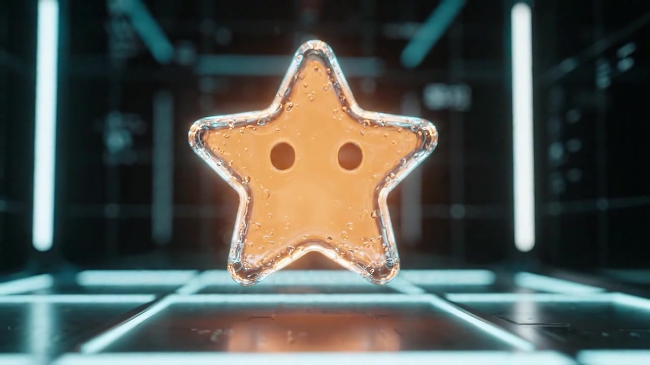 A mesmerizing glowing star-shaped object with bubbles creating a captivating visual effect, set against a sleek, modern background with neon lighting.
