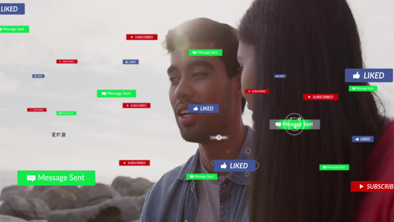 hablando al aire libre, personas con notificaciones de redes sociales animación por encima de sus cabezas