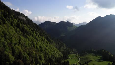 mountain slopes covered in dense forest, aerial drone view