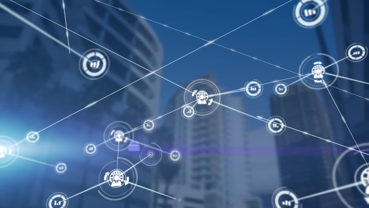 Digital composite video of network of connections against tall buildings in background