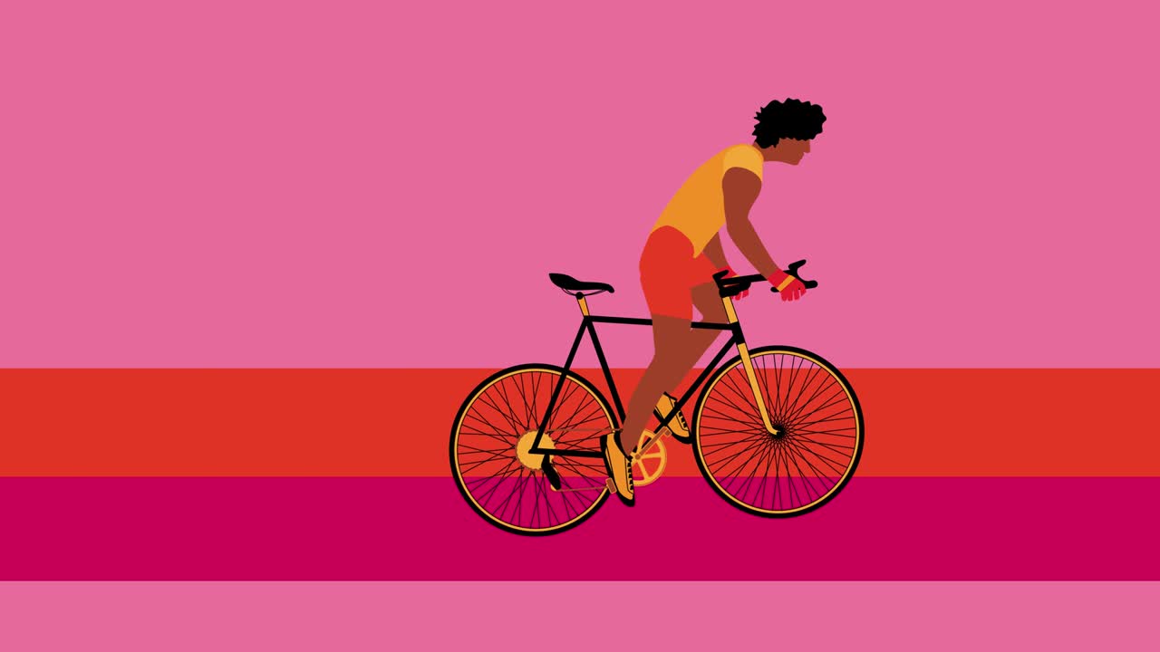 African American cyclist is riding bicycle on the pink background.Cartoon animation, flat design, loop 4k