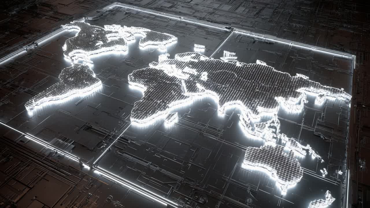 Glowing world map made of digital pixels is sitting on top of a futuristic, complex circuit board, representing global technology, communication, and digital transformation concepts