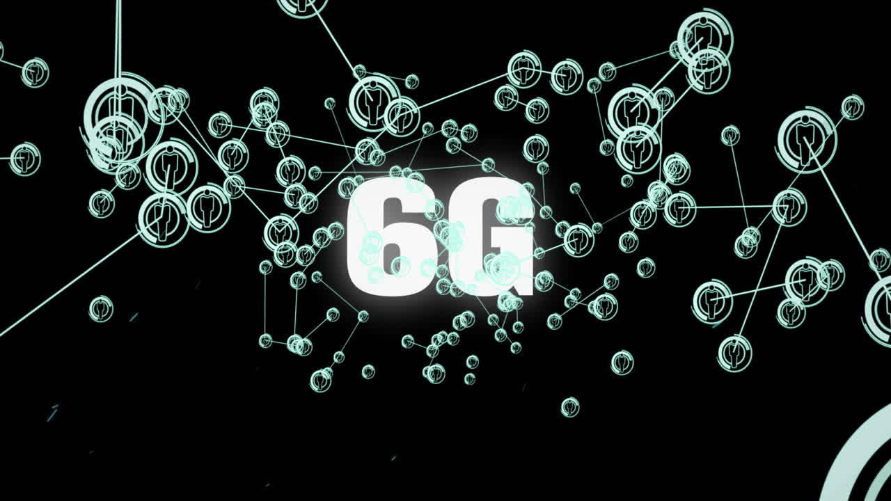 Animazione di testo 6G e icone multimediali su sfondo nero