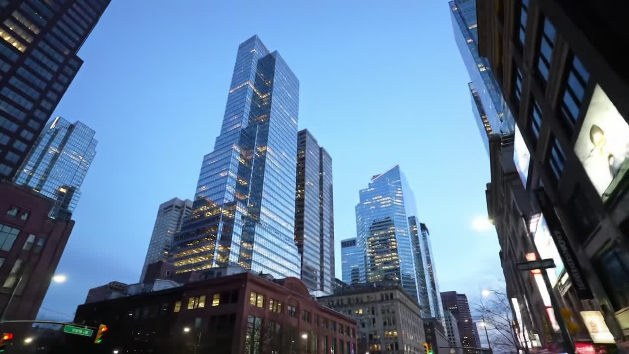 A Stunning Urban Twilight Landscape Featuring Skyscrapers and City Life, Capturing the Transition from Day to Night Amidst Modern Architecture and Vibrant Streets