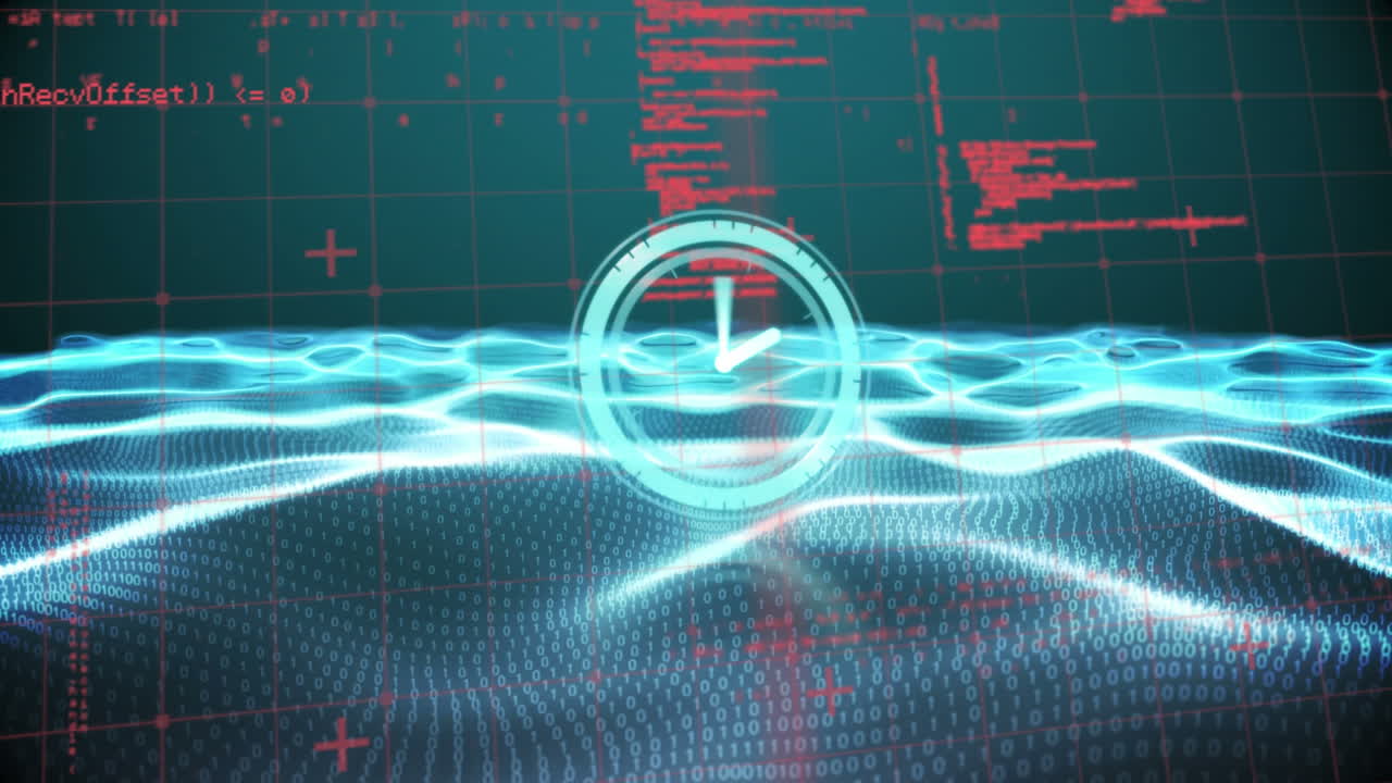 Animation of clock over science data processing on dark background