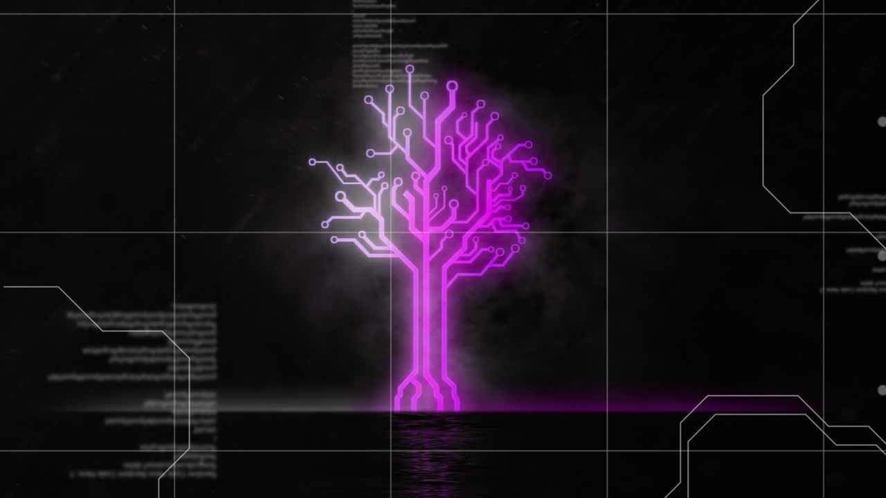 Animation of a tree made of neon, purple lines over data processing