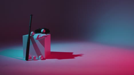 Studio-Baseball-Still-Life-With-Bat-Ball-Catchers-Mitt-And-Team-Jersey-With-Red-And-Blue-Lighting-4