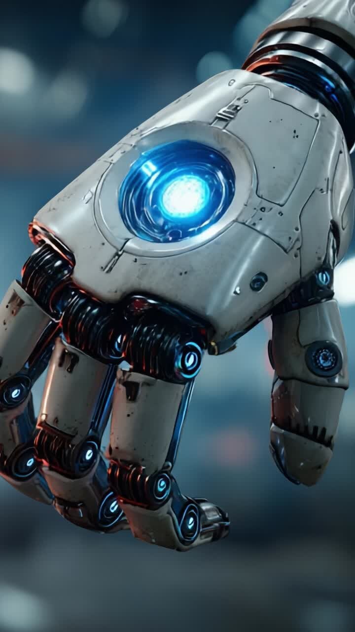 Esplorando la robotica avanzata: vista ravvicinata di una mano robotica high-tech con dettagli intricati e caratteristiche futuristiche, illuminata da una luce blu brillante