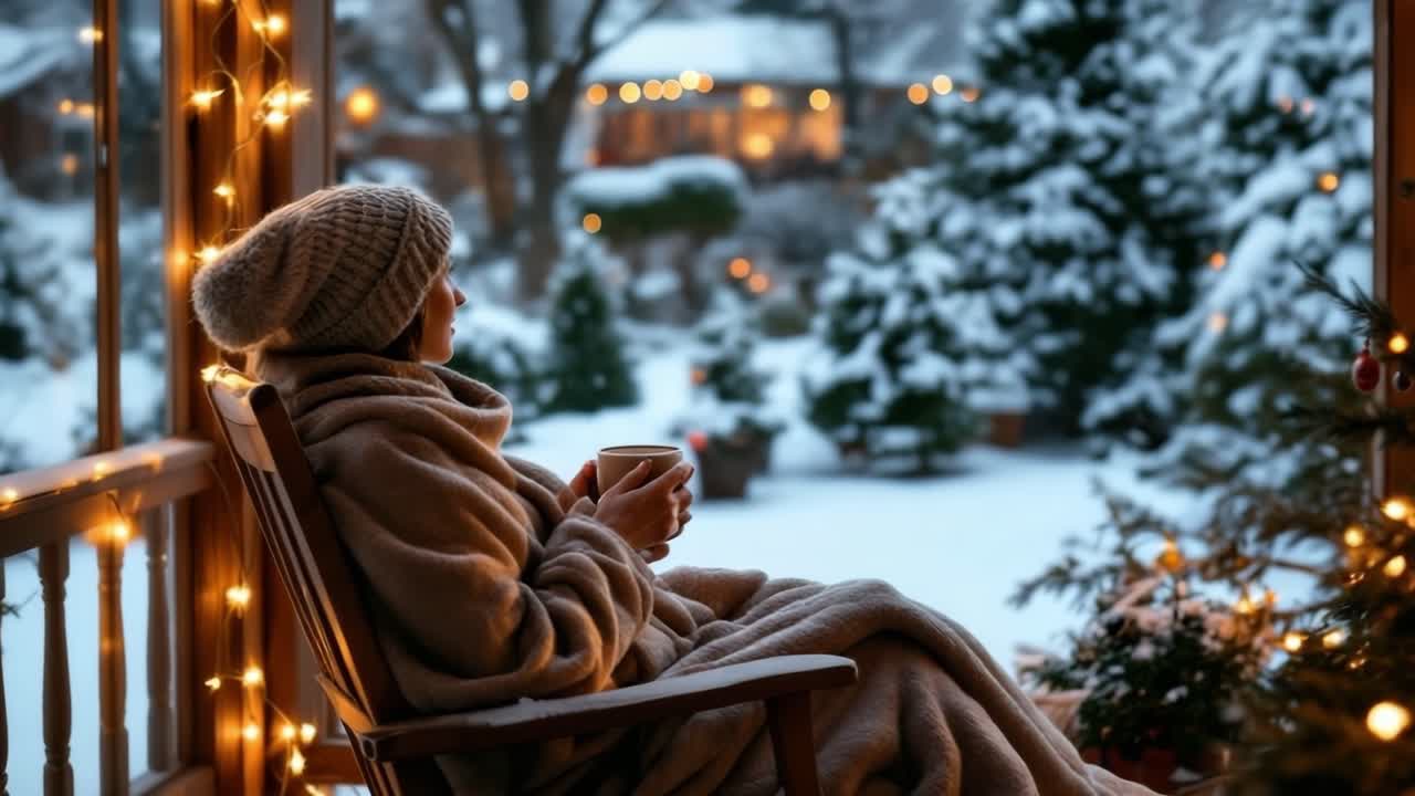 Woman relaxing on rocking chair, wrapped snugly in cozy blanket, sipping warm drink while overlooking snow covered winter landscape from festive porch