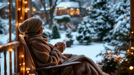 woman relaxing on rocking chair, wrapped snugly in cozy blanket, sipping warm drink while overlooking snow covered winter landscape from festive porch