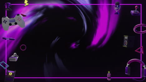 animación de iconos de juegos y música sobre formas en fondo negro
