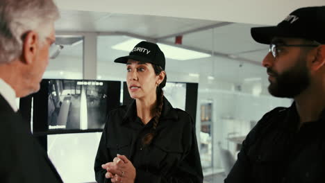 security team monitoring surveillance cameras in an office